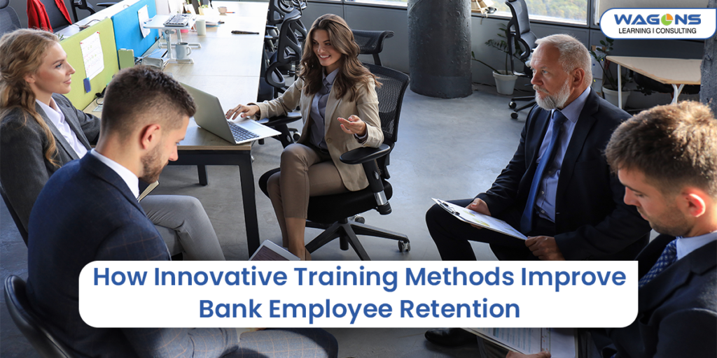 Team discussion during banking training programs focused on improving employee retention through innovative learning methods.